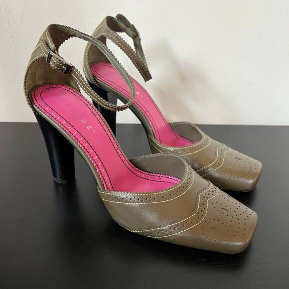 Rampage Shoes - Rampage Olive Green Leather Square Toe Brogue Ankle Strap Heels 8